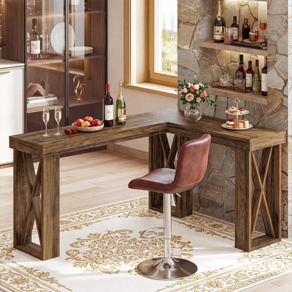 Finmind 63" x 55" L-Shaped Bar Table, Large High Top Corner Dining Table