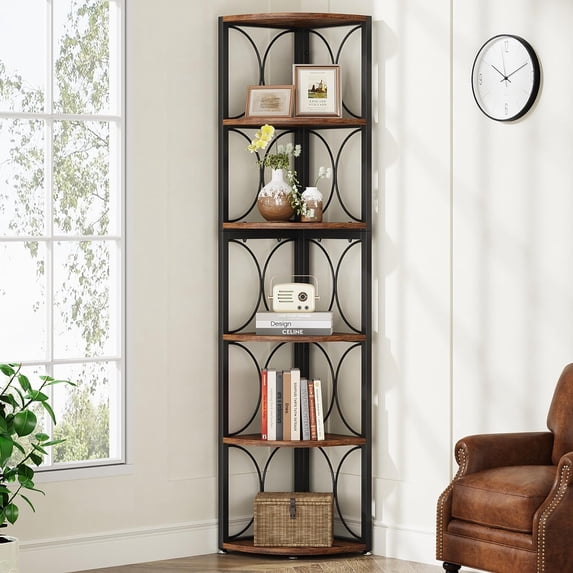 Finmind 67 Inch 6-Tier Rustic Corner Shelf, Freestanding Bookshelf Storage Rack for Living Room, Small Spaces, Brown & Black