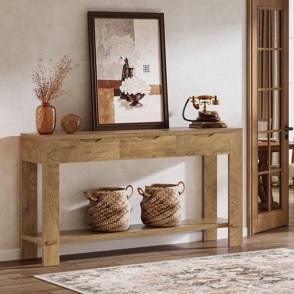 Finmind 67-Inch Console Table with 3 Drawers, Long Sofa Table Behind the Couch with Storage Shelf, Narrow Farmhouse Entryway Furniture for Living Room, Hallway, Foyer, Oak Brown