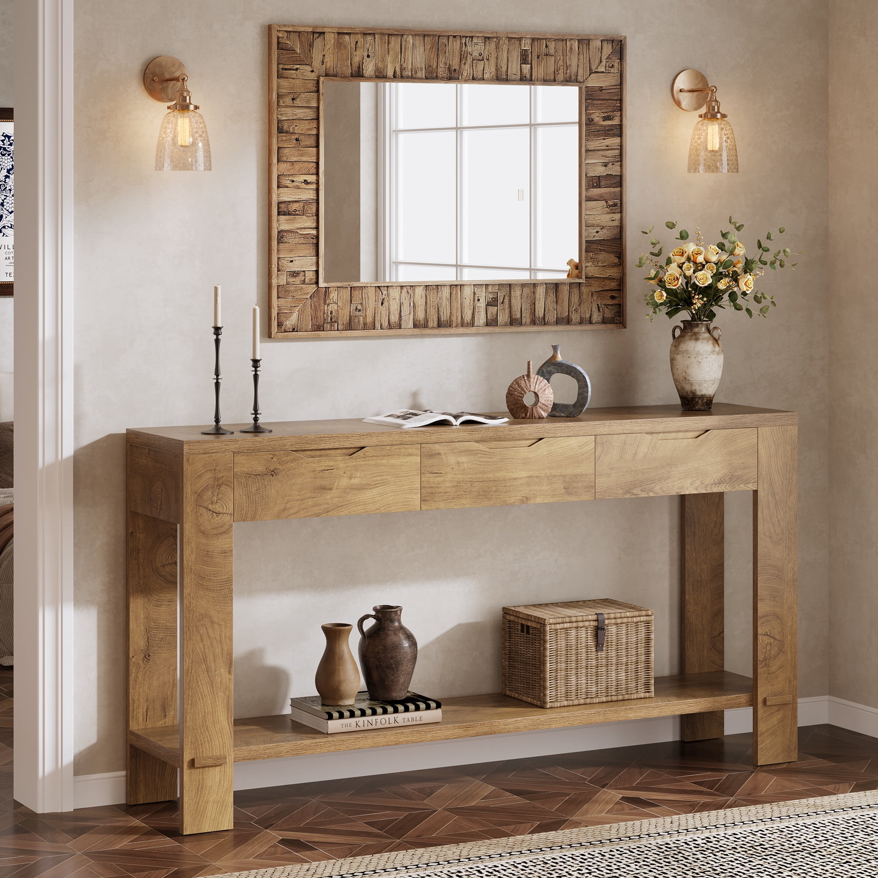 Finmind 67-Inch Console Table with 3 Drawers,Farmhouse Entryway Table with Storage Shelf, Brown