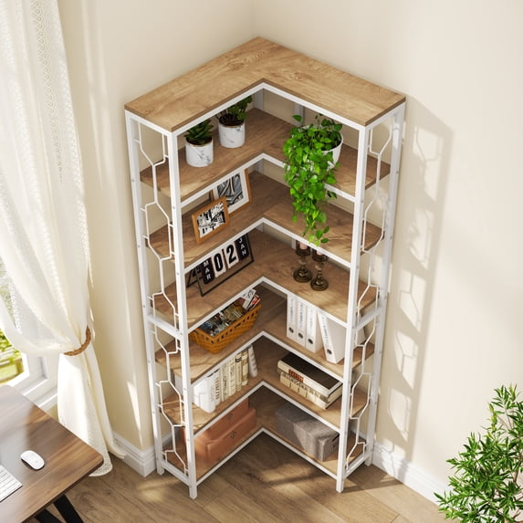 Finmind 7-Tier Etagere Bookcase, 78.74 Inch Industrial Corner Display Bookshelf, Freestanding Wood and Metal Corner Shelf for Living Room, Kitchen, Home Office, Light Brown and White