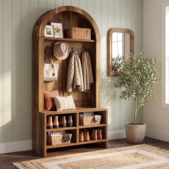 Finmind 70.8" Arched Hall Tree with Bench, Shoe Storage & 4 Hooks, Rustic Brown