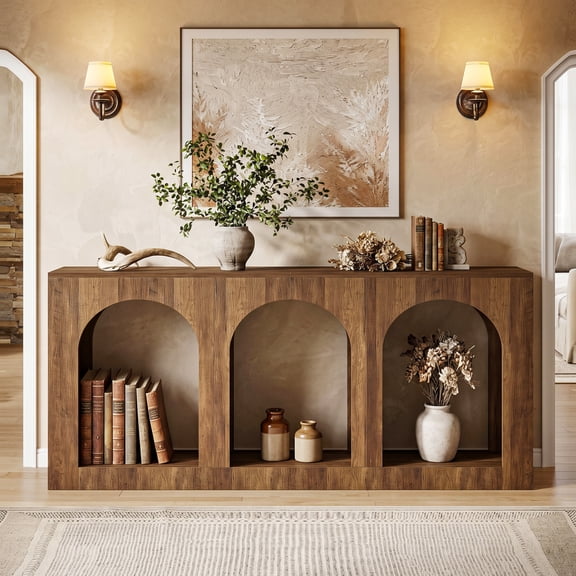 Finmind 70.8" Farmhouse Arched Console Table, 3-Open Arch Storage Nook Wood Entryway Sofa Table for Living Room, Hallway, Brown