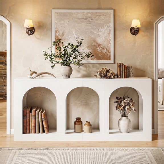 Finmind 70.8" Farmhouse Arched Console Table, 3-Open Arch Storage Nook Wood Entryway Sofa Table for Living Room, Hallway, White