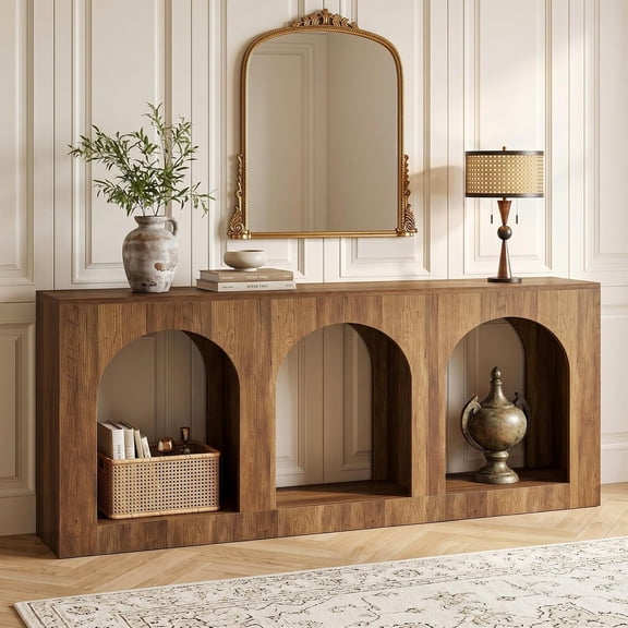 Finmind 70.8" Farmhouse Arched Console Table, Long Entryway Sofa Table with Open Storage Nooks, Brown