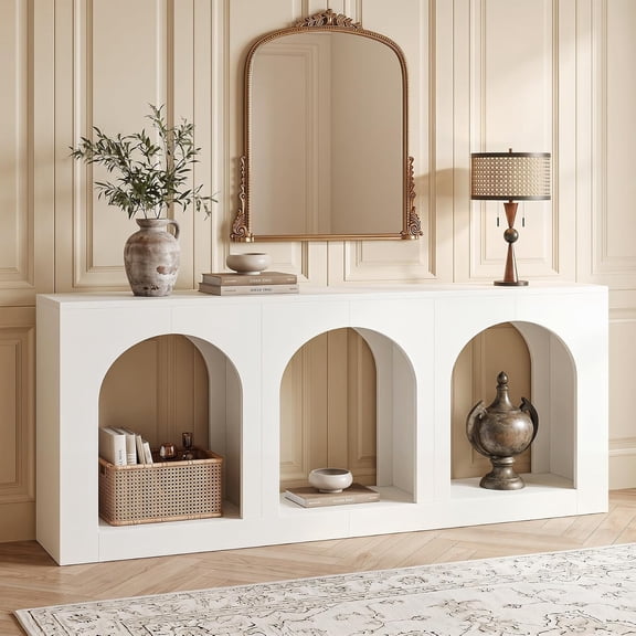 Finmind 70.8" Farmhouse Arched Console Table, Long Entryway Sofa Table with Open Storage Nooks, White