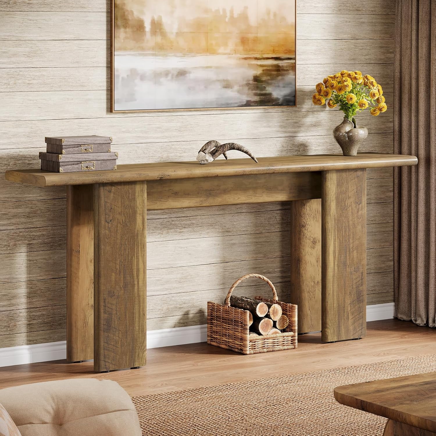 Finmind 70.87" Extra Long Console Table for Entryway, Mid-Century Modern Sofa Table Behind Couch for Entry, Entrance, Hallway, Living Room, Narrow Long, Brown