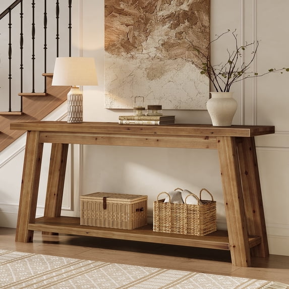 Finmind 70.87-inch Solid Wood Console Table, 2-Tier Long Farmhouse Entryway Table with Shelf, Vintage Brown