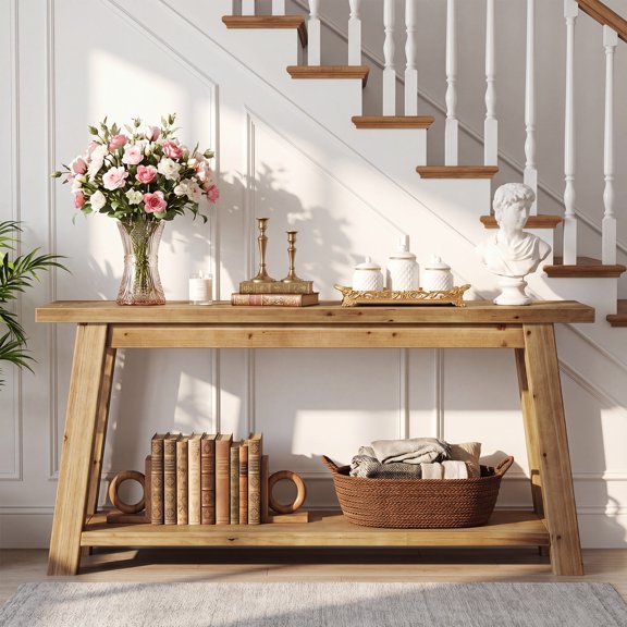 Finmind 70.87-Inch Solid Wood Console Table, 2-Tier Long Farmhouse Entryway Table with Shelf