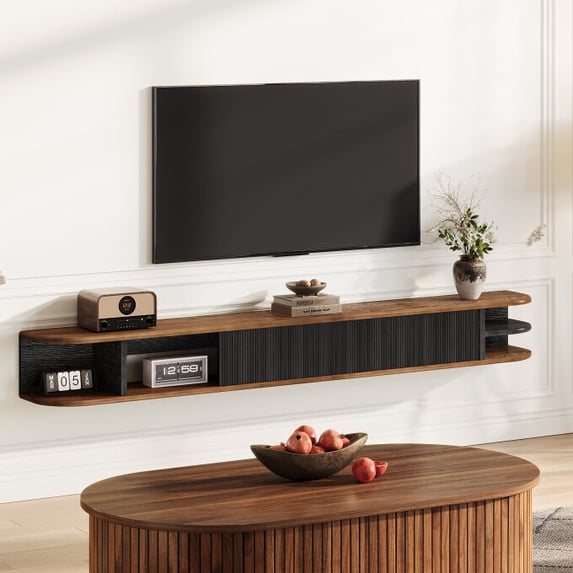 Finmind 70" Solid Wood Floating TV Stand with Fluted Sliding Doors, Extra Long Slim Entertainment Center for Living Room, Bedroom, Office, Up to 90'' TVs, Rustic Brown