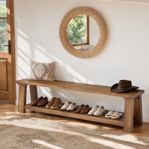 Finmind 70.87" Long Solid Wood Entryway Bench, Farmhouse Indoor Bench with Storage Shelf