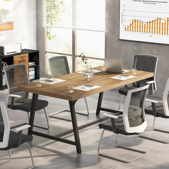 Finmind 70.87" Rectangle Conference Table, 6FT Meeting Table with Strong Metal Frame for Office Conference Room, Seats 6, Yellow Brown