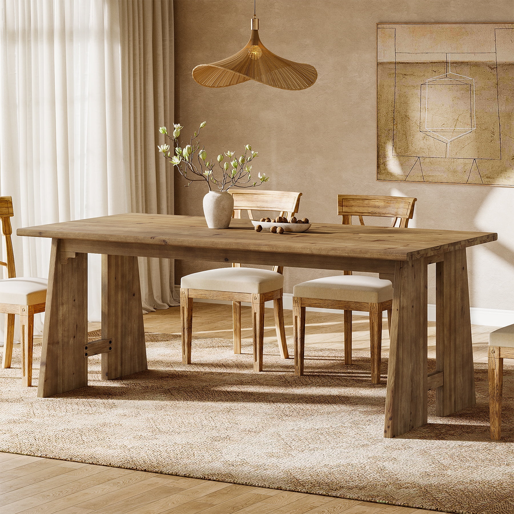 Finmind 70.87" Solid Wood Dining Table for 6-8, Farmhouse Kitchen Table with Sturdy Legs, Rectangle Dinner Furniture for Kitchen, Living Room, Brown