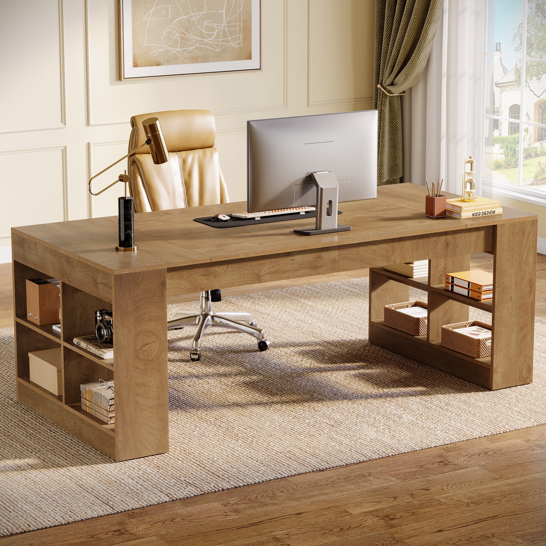 Finmind 70.87-inch Executive Desk, Large Office Computer Desk with Storage Shelves, Modern Simple Workstations Writing Table, Rustic Brown