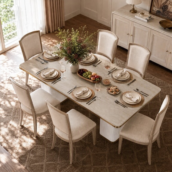 Finmind 70.87 inch Modern Glam Sintered Stone Dining Table, Rectangular Travertine Look Tabletop, Fluted MDF Pedestal Base for Kitchen,