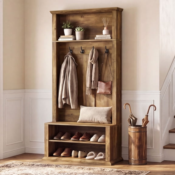 Finmind 70.89" Tall Hall Tree with Shoe Storage, Farmhouse Entryway Coat Rack with 4 Hooks and Shelves, for Mudroom, Hallway, Bedroom, Rustic Brown