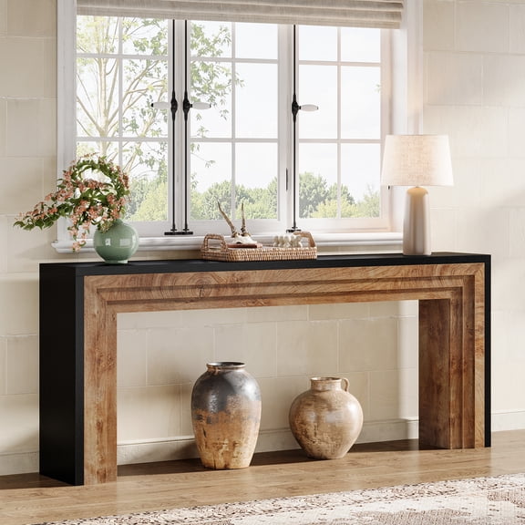 Finmind 70.9" Console Table, Farmhouse Narrow Wood Sofa Table Behind Couch for Entryway,  Black + Natural Wood