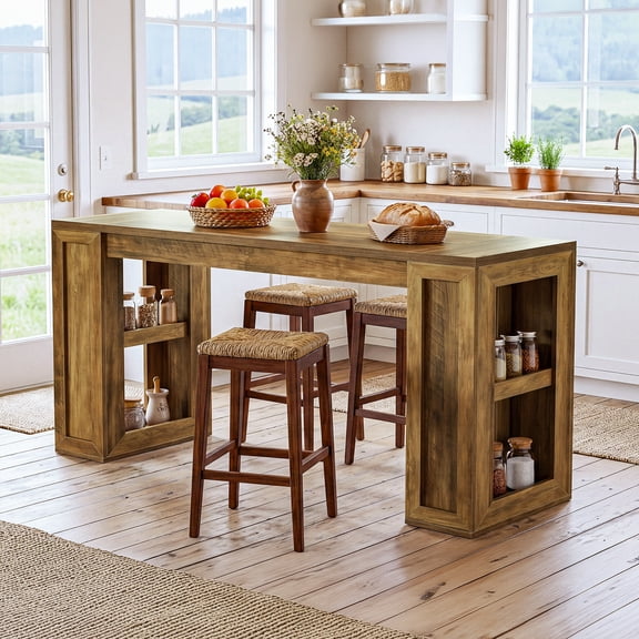 Finmind 70.9" Extra Long Bar Table with Open Shelves, Farmhouse High Top Pub Table for Kitchen, Dining Room, Basement, Rustic Brown