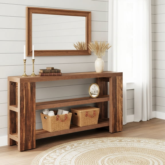 Finmind 70.9" Extra Long Couch Table, 3-Tier Narrow Sofa Table with Storage, Farmhouse Brown