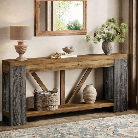 Finmind 70.9" Extra Long Entry Table, Farmhouse Wood Console Table with Storage, Modern Accent Sofa Table for Entryway, Living Room, Rustic Brown