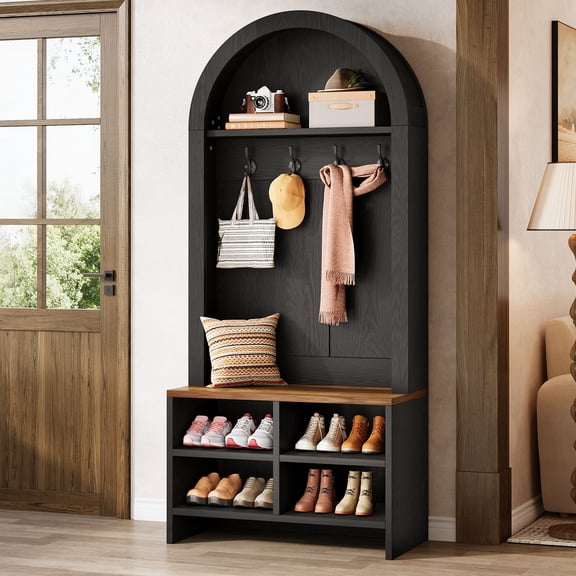 Finmind 70.9" H Hall Tree with Bench & Shoe Storage, Arched Coat Rack with 4 Hooks & 4 Cubbies, Entryway Bench Organizer for Mudroom, Hallway, Black & Brown