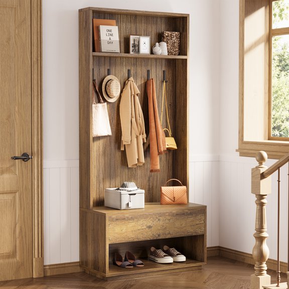 Finmind 70.9" H Hall Tree with Bench & Shoe Storage,Coat Rack with 5 Hooks for Mudroom, Hallway, Brown