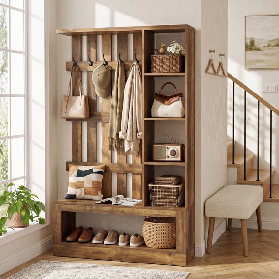 Finmind 70.9" H Hall Tree with Bench & Shoe Storage,Coat Rack with Bench Organizer for Mudroom, Hallway, Brown