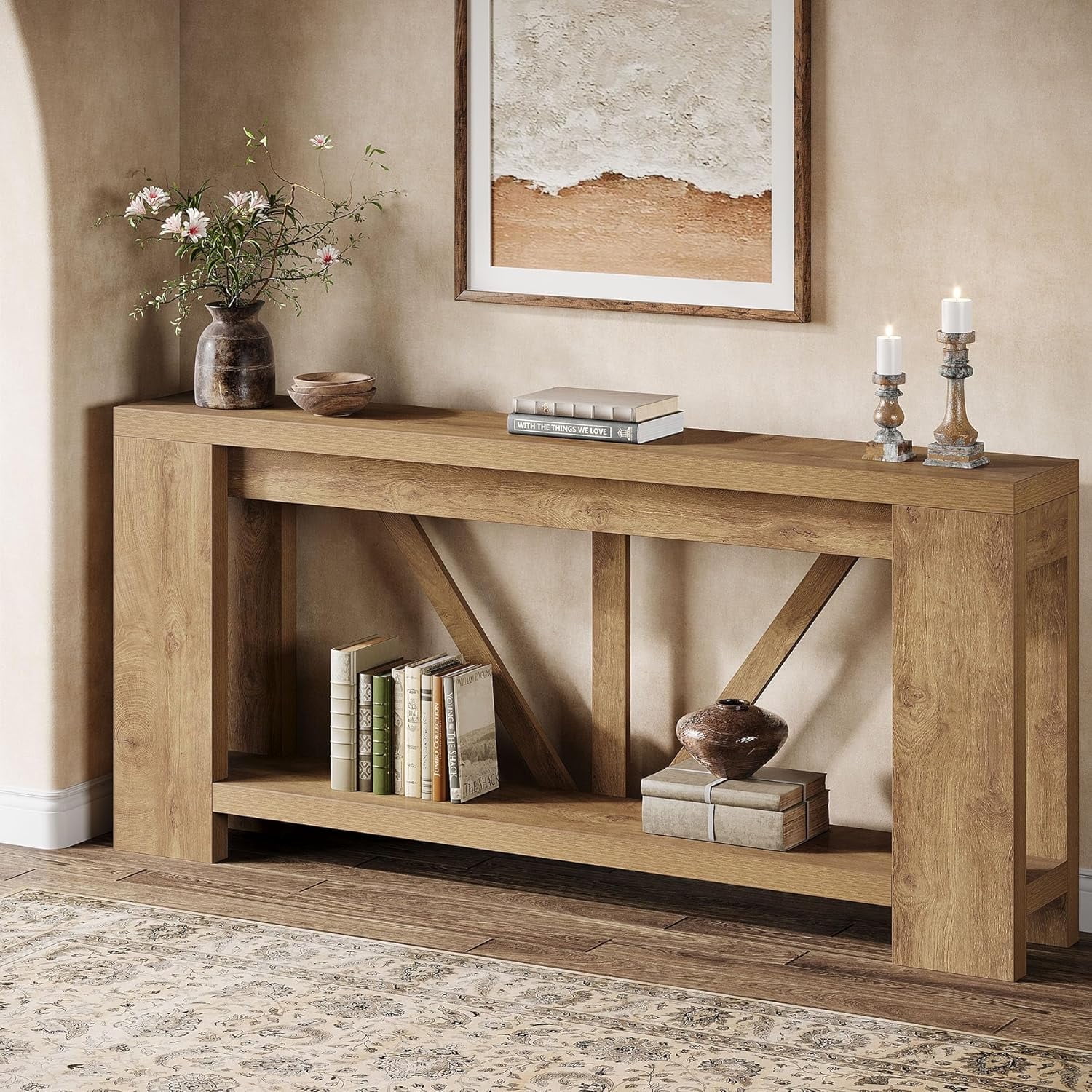 Finmind 70.9-Inch Extra Long Console Table with Storage for Entryway, Hallway, Foyer, Living Room, Brown
