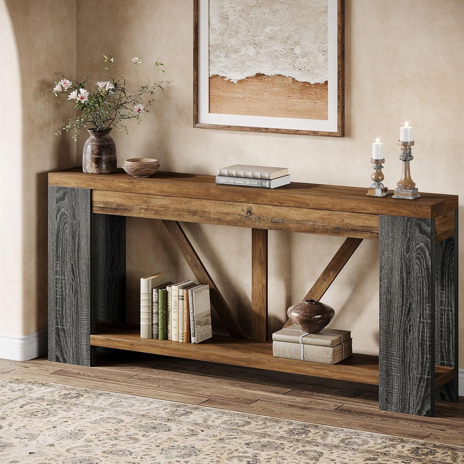 Finmind 70.9-Inch Extra Long Console Table with Storage for Entryway, Hallway, Foyer, Living Room, Brown