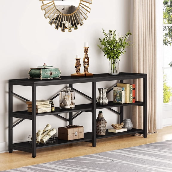 Finmind 70.9 Inch Extra Long Entryway Console Table, 3-Tier Modern Sofa Table Behind Couch Table with Storage Shelves for Hallway Entryway Living Room, Industrial 3 Shelf Bookshelf(Black)