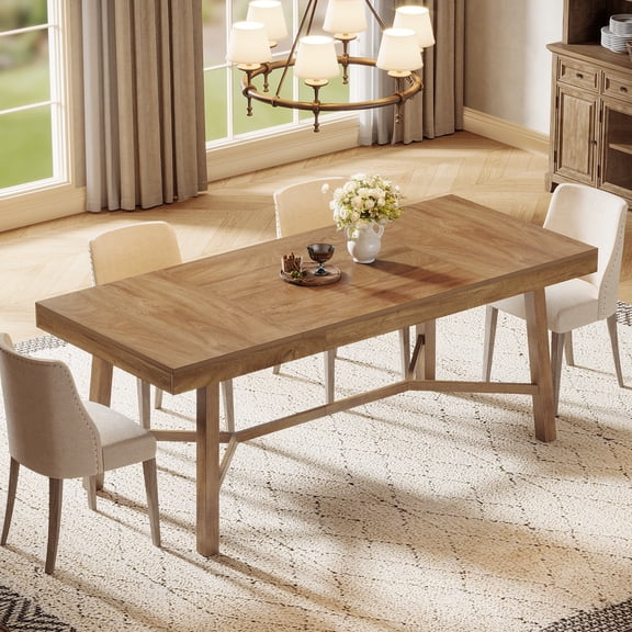 Finmind 70.9-inch Farmhouse Dining Table for 6-8, Large Rectangle Kitchen Table, Light Brown