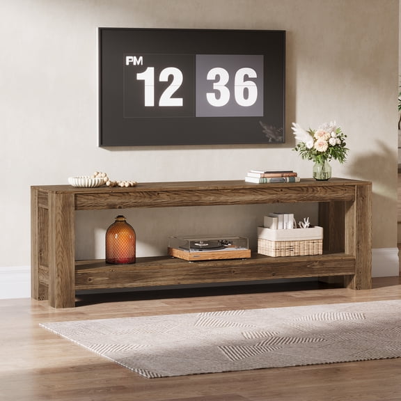 Finmind 70.9-Inch Long Solid Wood TV Stand with Storage, Farmhouse TV Console for 65/70/80/85-Inch TVs, Entertainment Center with Storage Shelves for Living Room, Bedroom, Brown
