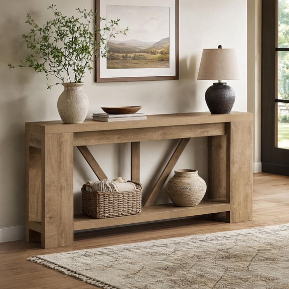Finmind 70.9" Long Console Table, Wood Entryway Table, Sofa Table Behind Couch, Natural