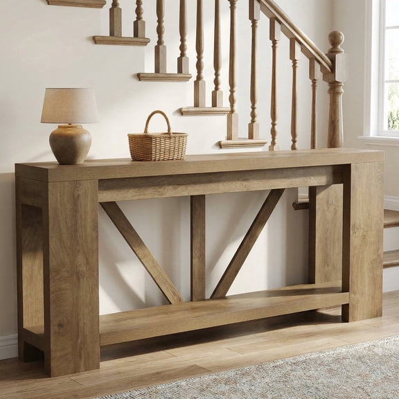 Finmind 70.9" Narrow Console Table, 2-Tier Farmhouse Entryway Sofa Table with Storage Shelf, Brown