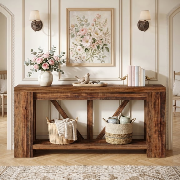Finmind 70.9" Narrow Console Table, 2-Tier Farmhouse Entryway Sofa Table with Storage Shelf, Rustic Brown & Grey