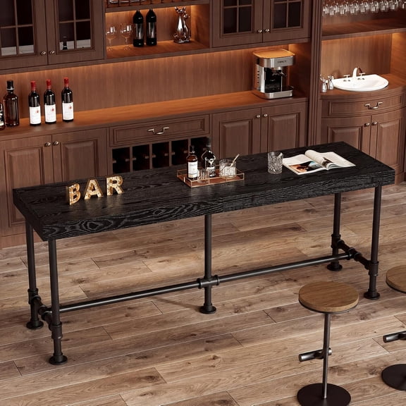 Finmind 70.9" Solid Wood Bar Table for 68 People, Counter Height Pub Table with Metal Footrest, Black