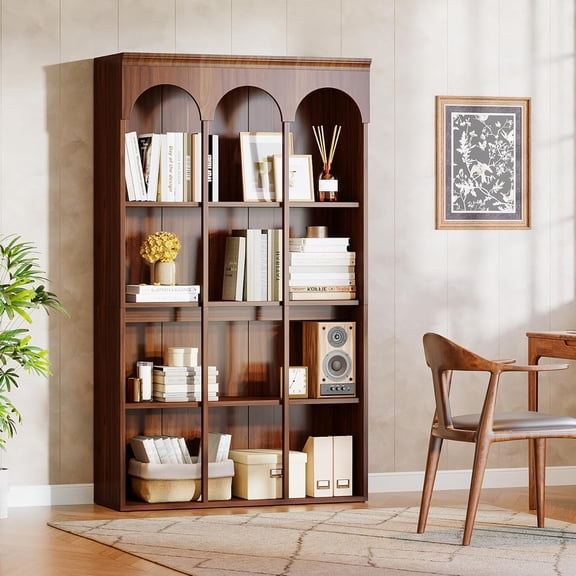 Finmind 70.9" Tall Arched Bookshelf, 5-Tier Freestanding Wooden Display Bookcase, Walnut Brown