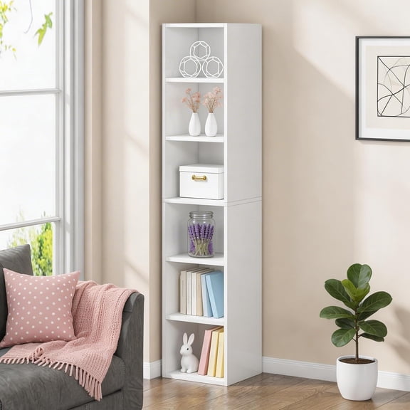 Finmind 70.9" Tall Narrow Bookcase, 6 Tiers Corner Bookshelf with Anti-Tipping Device, Modern Floor Standing Cube Display Rack, Storage Organizer for Living Room, Bedroom, Office, White
