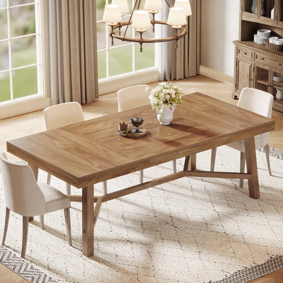 Finmind 70.9-inch Farmhouse Dining Table for 6-8, Large Rectangle Kitchen Table, Light Brown