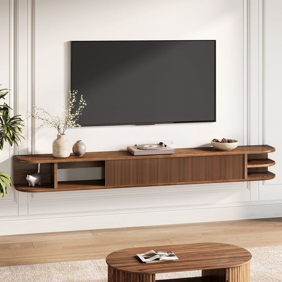 Finmind 70" Solid Wood Floating TV Stand with Fluted Sliding Doors, Extra Long Slim Entertainment Center for Living Room, Bedroom, Office, Up to 90'' TVs, Rustic Brown