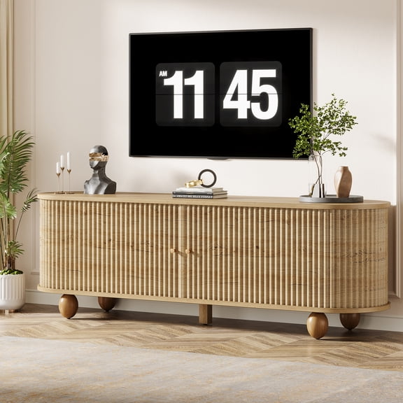 Finmind 70-inch Fluted TV Stand, Farmhouse Entertainment Center for TVs Up to 65+ inches, Wooden Media Console with Sliding Doors and Oval Legs for Living Room, Bedroom, Walnut