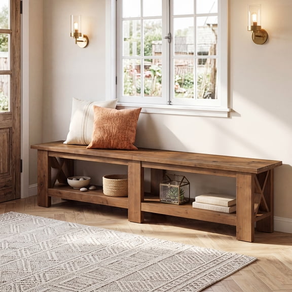 Finmind 71" Extra Long Solid Wood Entryway Shoe Bench, Farmhouse Entryway Bench with Storage for Hallway, End of Bed, Dining Room, Vintage Brown