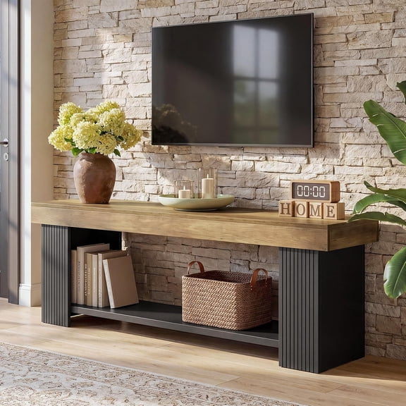 Finmind 71" Farmhouse TV Stand for 7080" TVs, Fluted Wood Entertainment Center with Open Shelf, Rustic Brown & Black