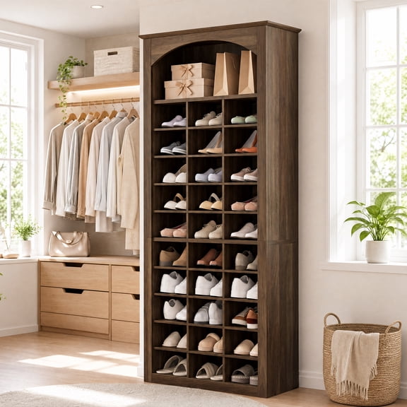 Finmind 71" H Tall Shoe Cabinet, 30-Cube Large Capacity Shoe Organizer with Arched Display Shelf
