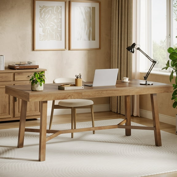 Finmind 71-Inch Executive Desk, Farmhouse Office Computer Desk, Light Brown