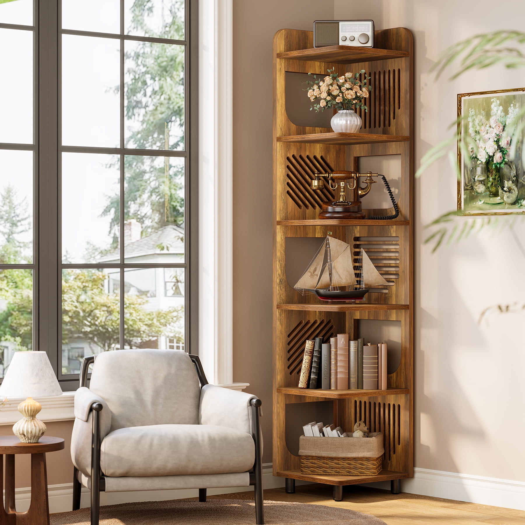 Finmind 71-Inch Rustic 6-Tier Corner Shelf Stand, Tall Narrow Corner Bookshelf Storage Rack, Plant Stand Display Shelf Organizer for Home and Office, Yellow