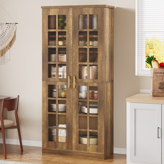 Finmind 71 Inch Tall Storage Cabinet with Adjustable Shelves, Modern 8 Tier Kitchen Pantry Cabinet with Doors for Living Room, Bathroom, Bedroom, Kitchen, Brown