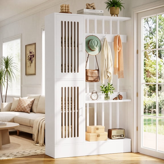 Finmind 71" Room Divider with Shelves and Storage Cabinet, Wall Divider,White