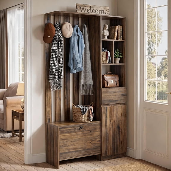 Finmind 71" Room Divider with Storage, 5-in-1 Entryway Coat Rack, Wall Partition for Bedroom, Living Room, Brown