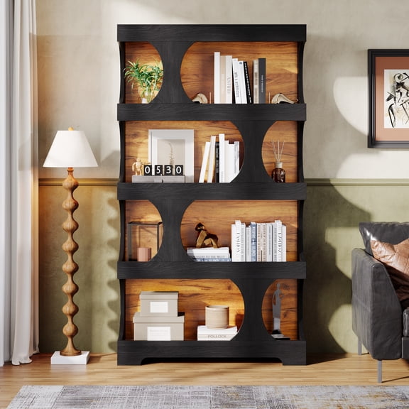 Finmind 71" S-Shaped 4-Tier Bookcase, Modern Freestanding Display Shelves, Large Storage Unit for Home Office, Living Room, Black & Brown
